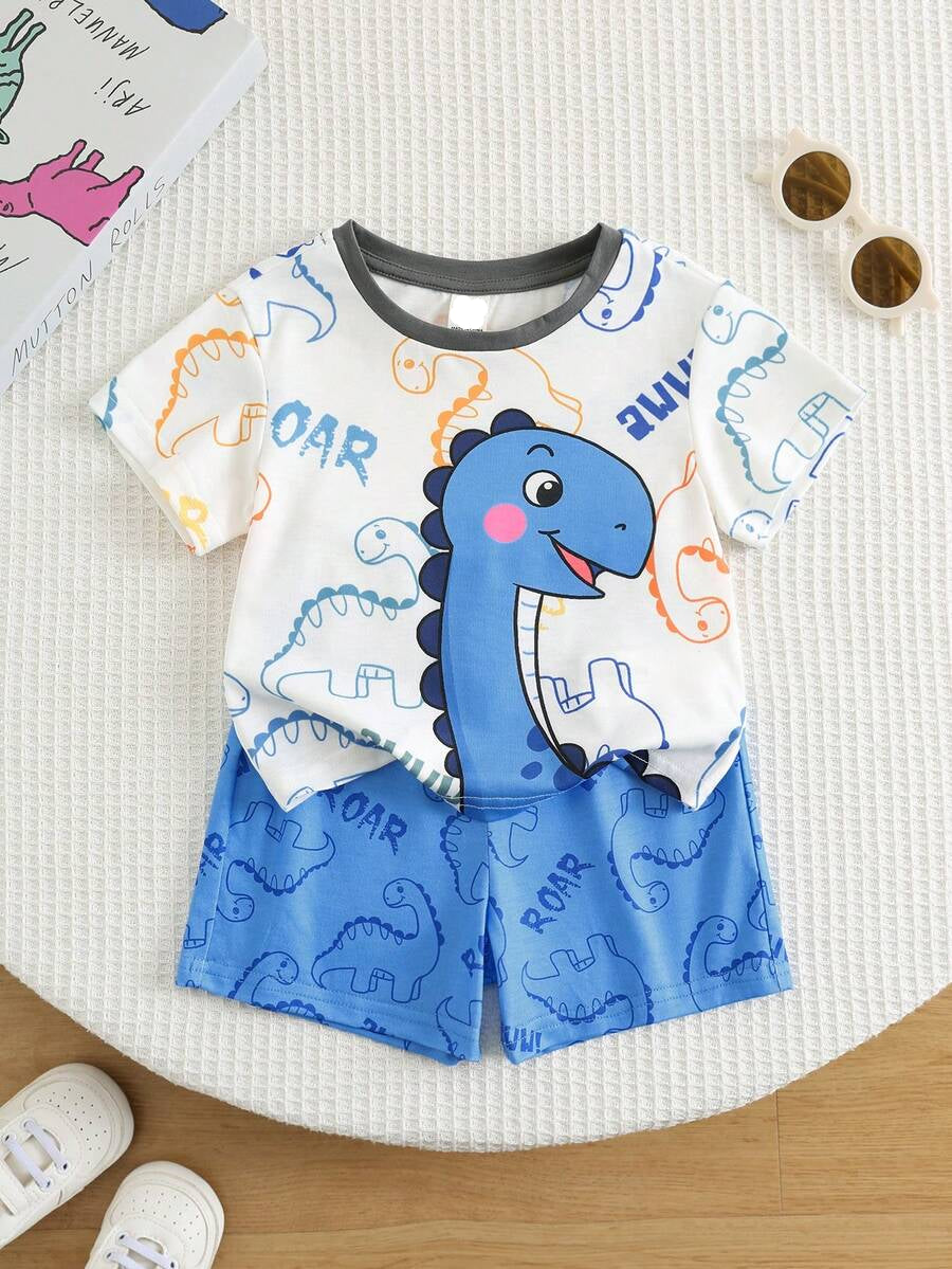 Baby Boy Animal Crayon Print T Shirt and Knitted Shorts 2 Piece Casual Spring Summer Outfit Set