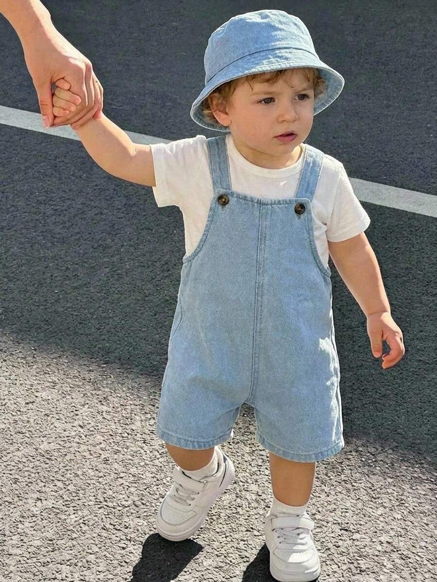 Baby Striped Bib Overalls and Bucket Hat 2 Piece Casual Summer Beach Outfit Set