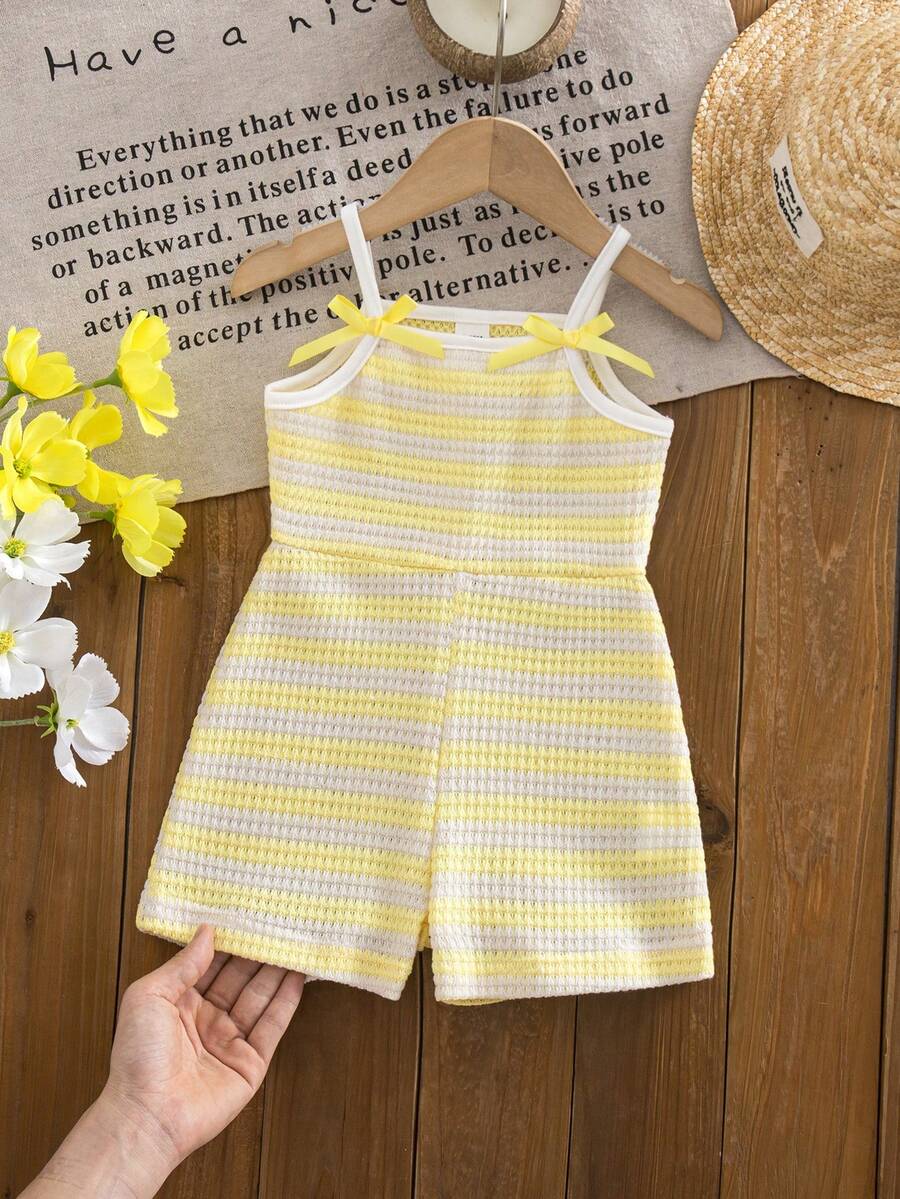 Cute Baby Girl Sleeveless Ribbed Short Jumpsuit With Bow Detail Casual Summer Wear