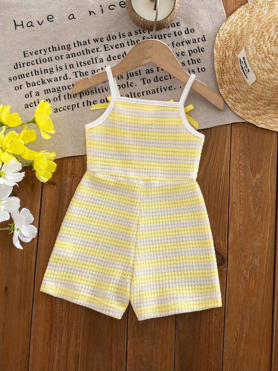 Cute Baby Girl Sleeveless Ribbed Short Jumpsuit With Bow Detail Casual Summer Wear