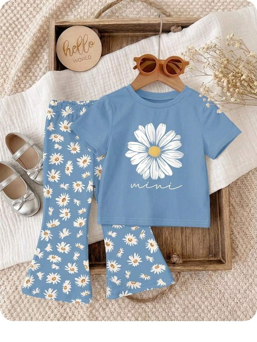 Soft Round Neck Short Sleeve Top and Flexible Flare Leg Trousers Casual Spring Summer Clothes Set for Girls