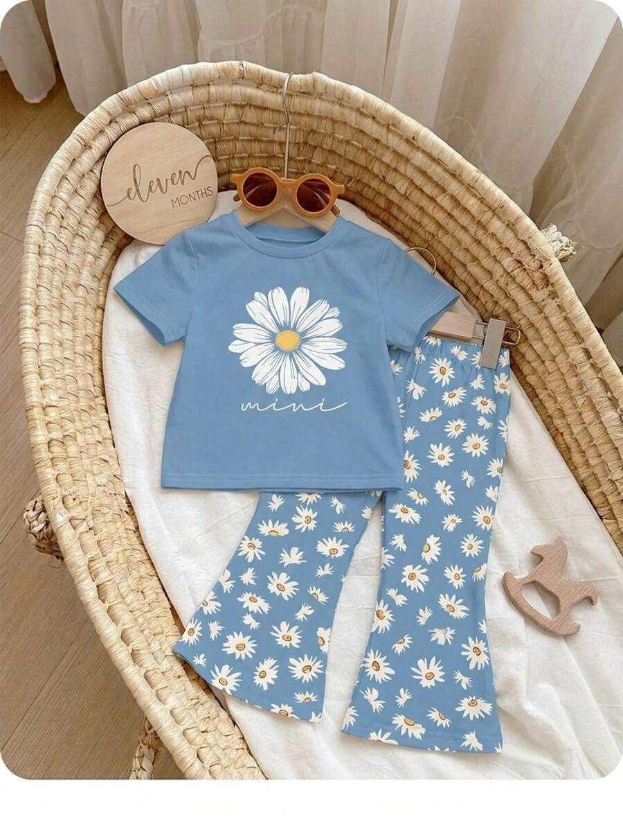 Soft Round Neck Short Sleeve Top and Flexible Flare Leg Trousers Casual Spring Summer Clothes Set for Girls