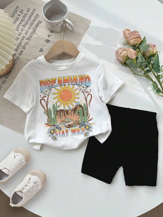 Casual Short Sleeve Top & Matching Shorts Set for Infant Girls