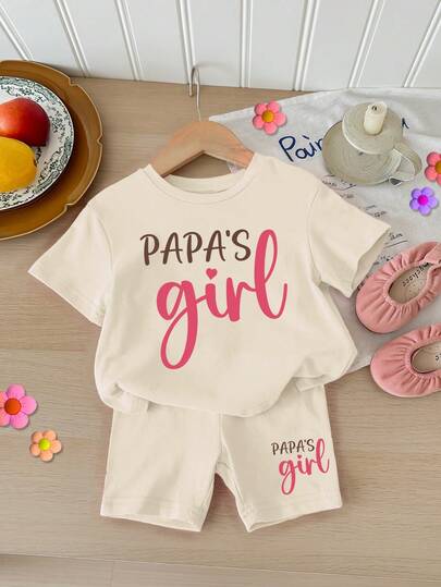Letter Print Cotton Outfit Set For Baby Girls Casual Summer Daily Wear