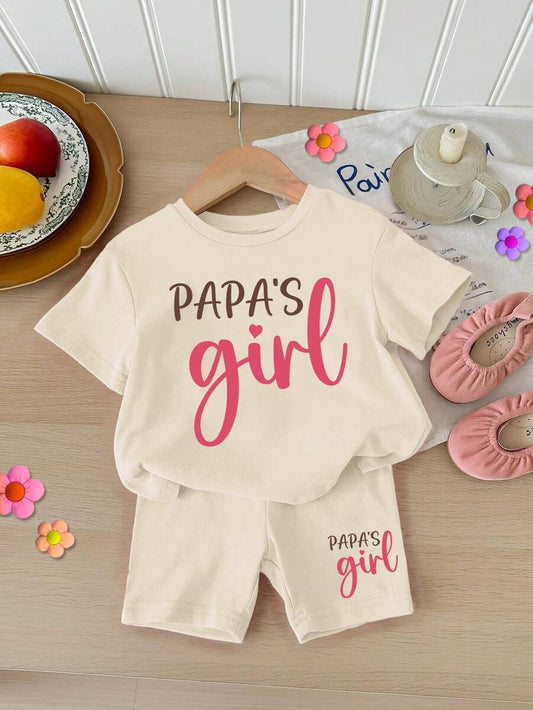 Letter Print Cotton Outfit Set For Baby Girls Casual Summer Daily Wear