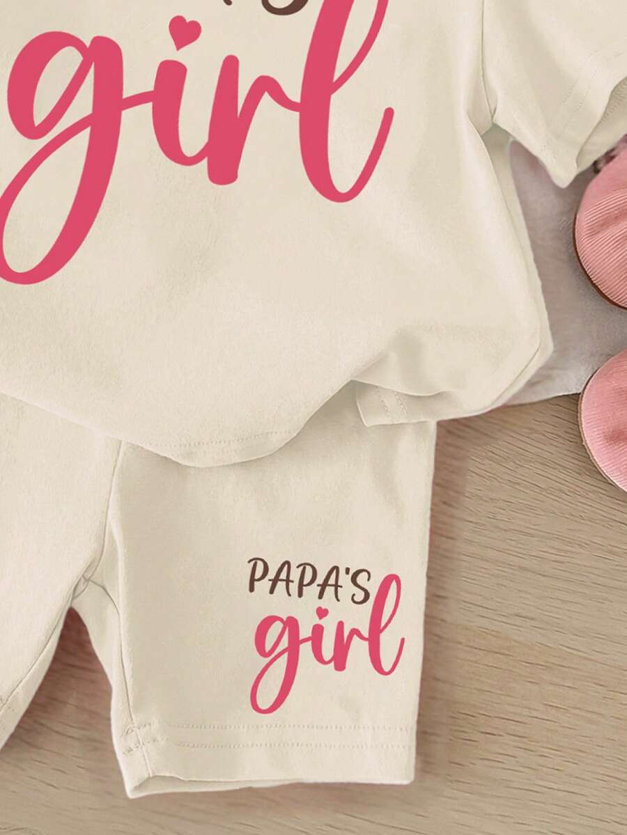 Letter Print Cotton Outfit Set For Baby Girls Casual Summer Daily Wear
