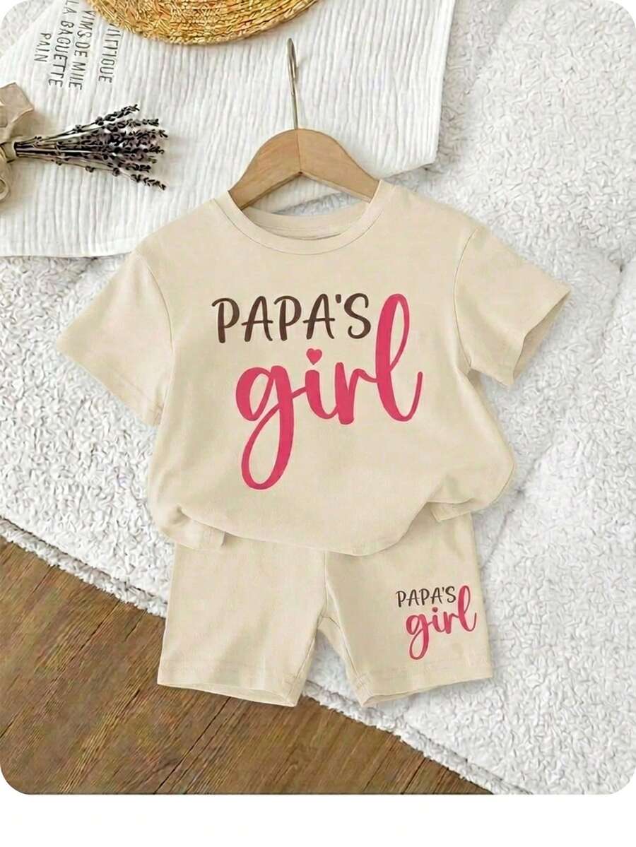 Letter Print Cotton Outfit Set For Baby Girls Casual Summer Daily Wear