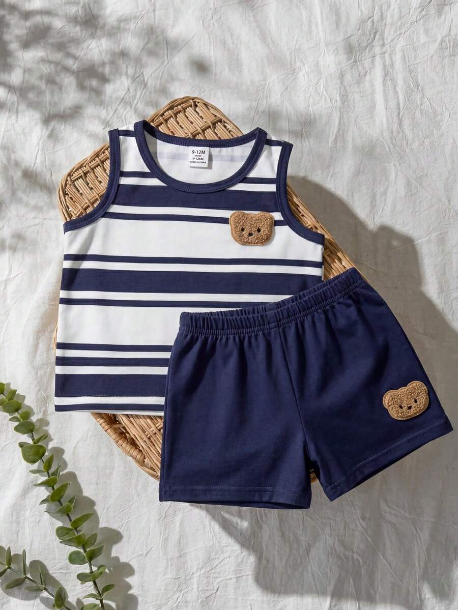 Baby Boy Striped Tank Top and Animal Embroidered Shorts 2 Piece Casual Summer Outfit Set