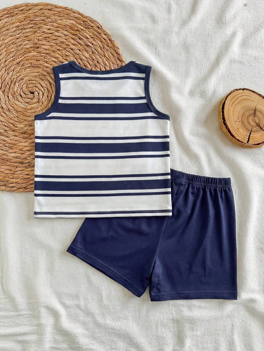 Baby Boy Striped Tank Top and Animal Embroidered Shorts 2 Piece Casual Summer Outfit Set