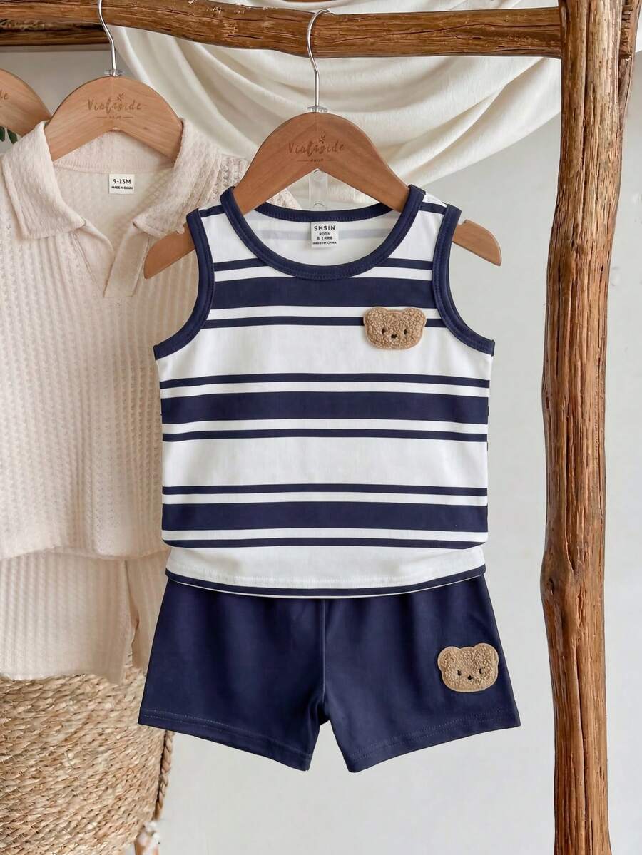 Baby Boy Striped Tank Top and Animal Embroidered Shorts 2 Piece Casual Summer Outfit Set