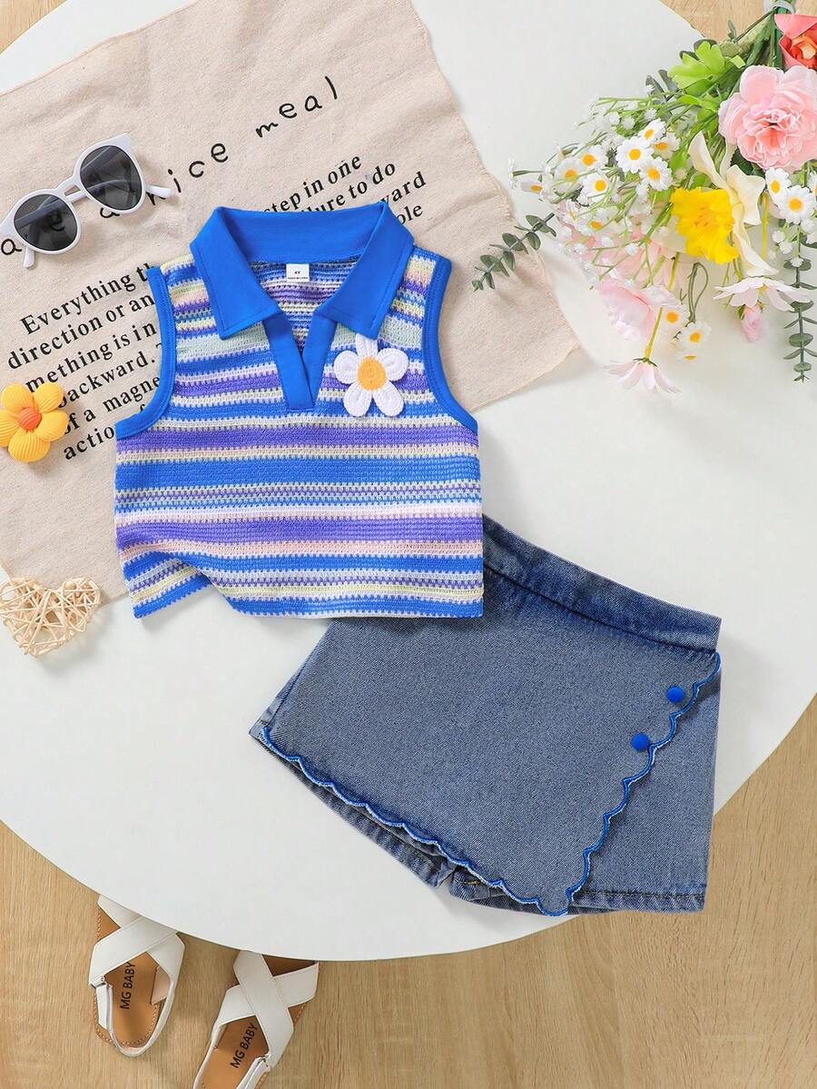 Toddler Girls Textured Knit Vest Top And Denim Skort Flower Embroidered Summer Outfit Set