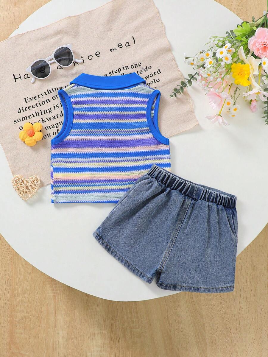 Toddler Girls Textured Knit Vest Top And Denim Skort Flower Embroidered Summer Outfit Set