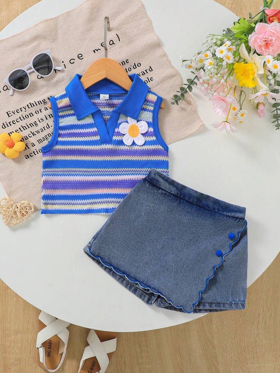 Toddler Girls Textured Knit Vest Top And Denim Skort Flower Embroidered Summer Outfit Set
