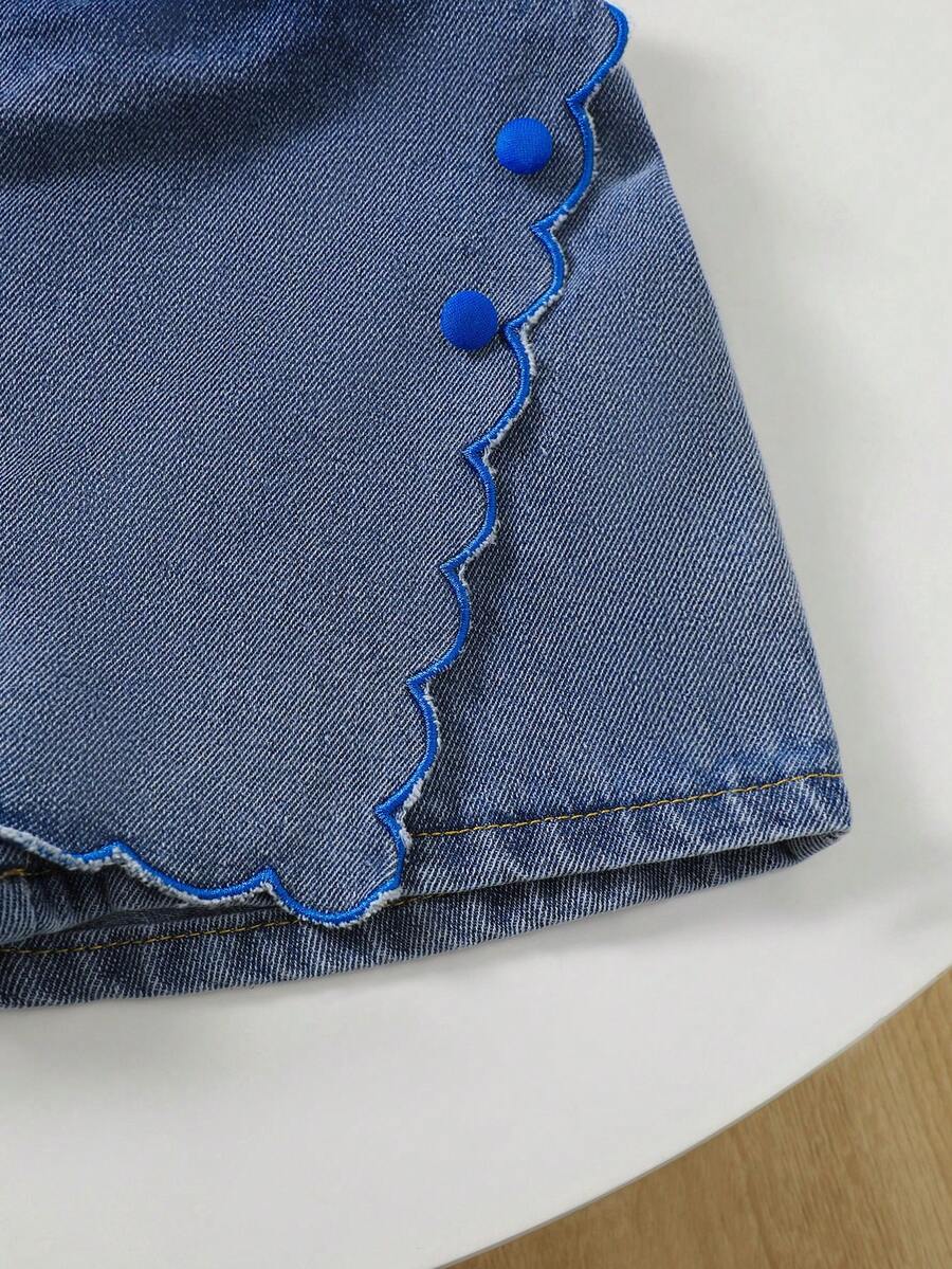 Toddler Girls Textured Knit Vest Top And Denim Skort Flower Embroidered Summer Outfit Set