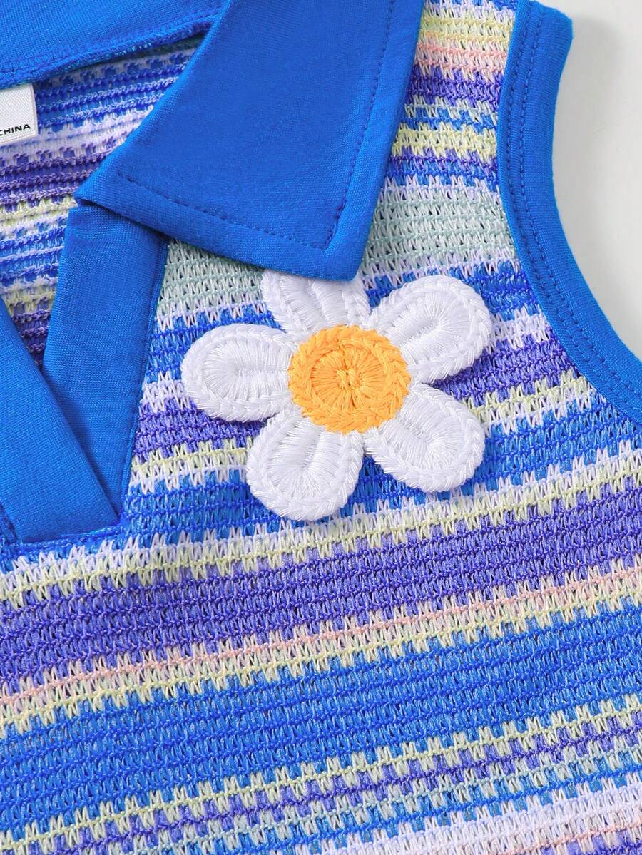 Toddler Girls Textured Knit Vest Top And Denim Skort Flower Embroidered Summer Outfit Set