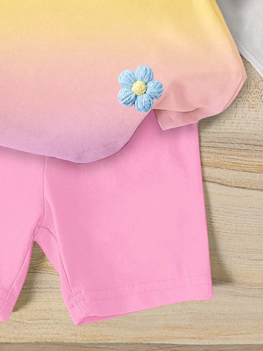 Lemon Fruit & Letter Print Short Sleeve Top and Shorts Set for Baby Girls