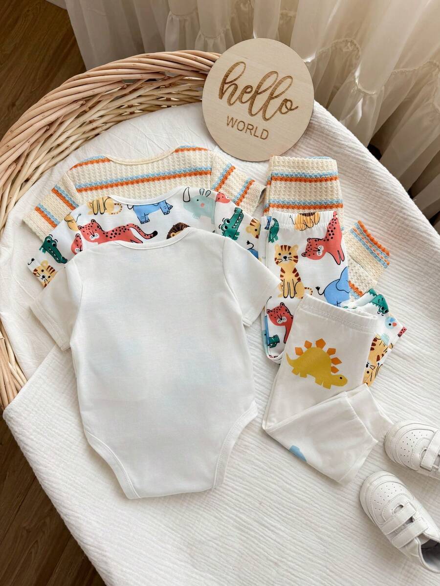6pcs Baby Romper and Pants Set with Colorblock Stripes and Star Pattern for Spring and Summer