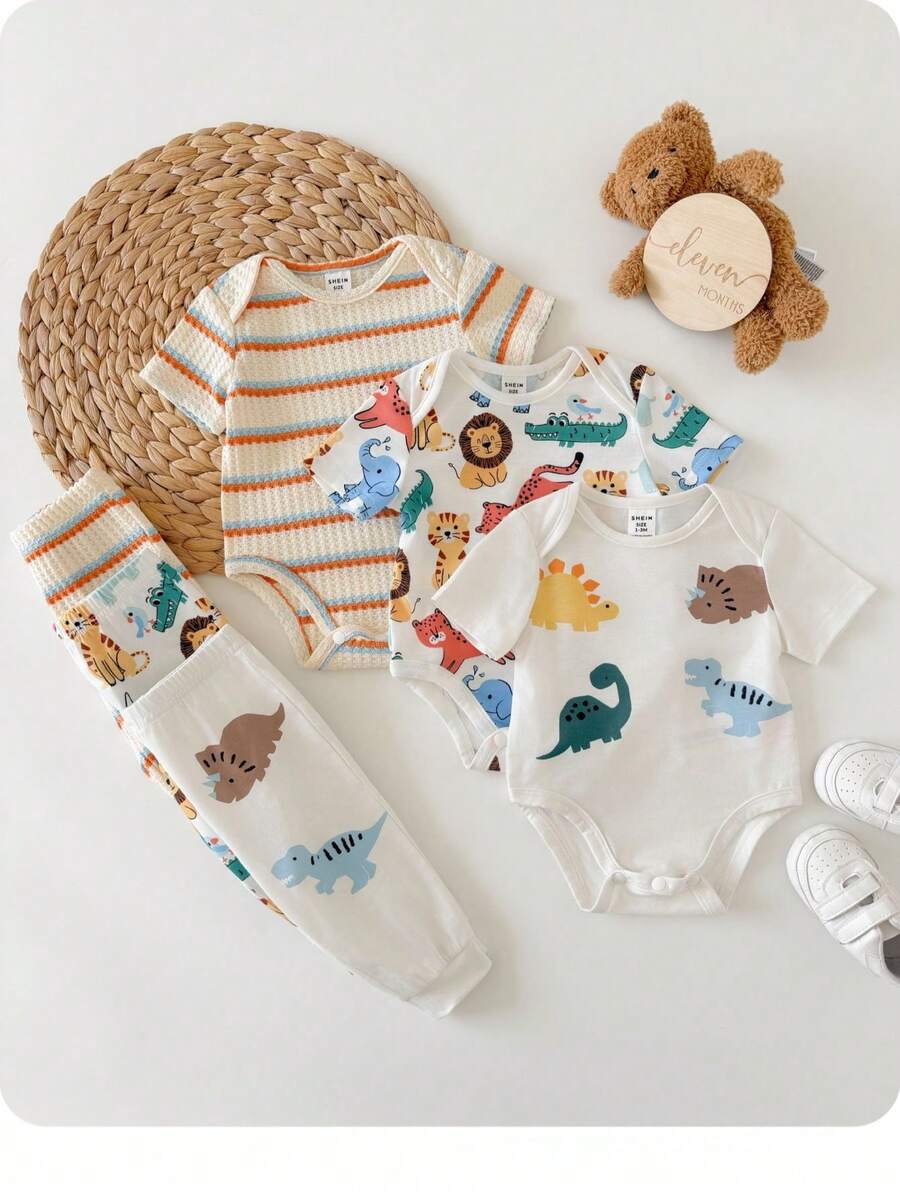 6pcs Baby Romper and Pants Set with Colorblock Stripes and Star Pattern for Spring and Summer