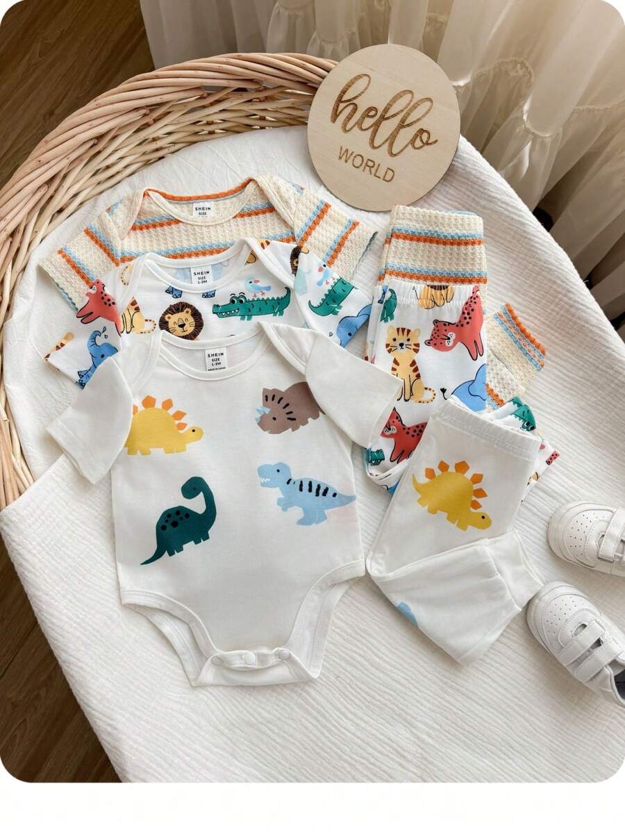 6pcs Baby Romper and Pants Set with Colorblock Stripes and Star Pattern for Spring and Summer