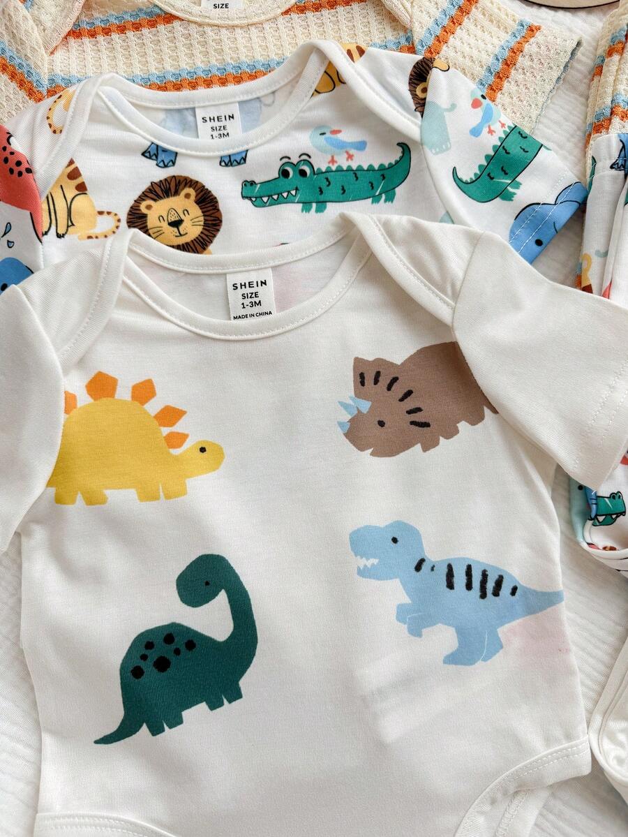 6pcs Baby Romper and Pants Set with Colorblock Stripes and Star Pattern for Spring and Summer