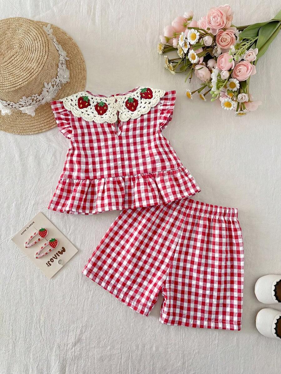 Plaid Bow Decor Outfit Set For Baby Girls Cute Ruffle Hem Summer Wear