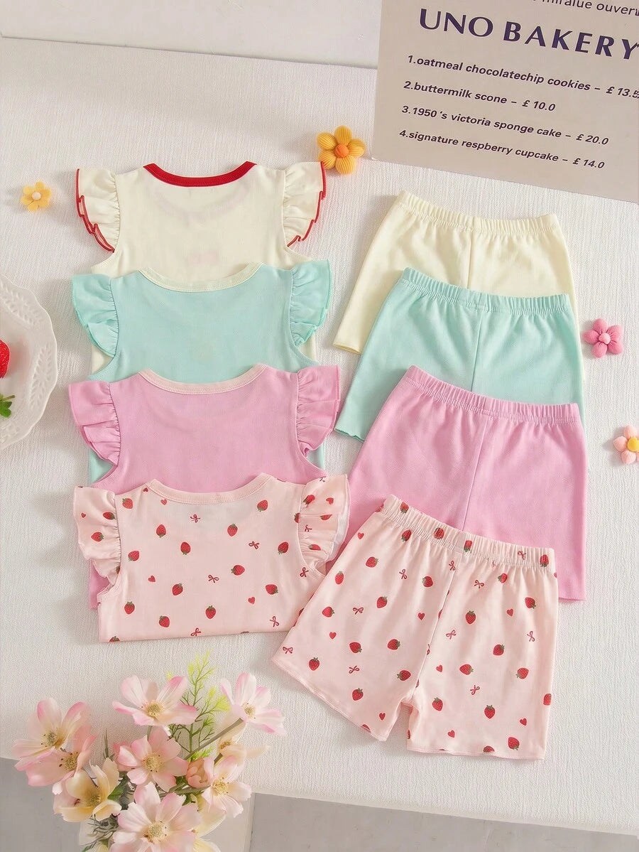 8-Piece Multi-Color Ribbed Short Sleeve Top and Shorts Set for Baby Girls