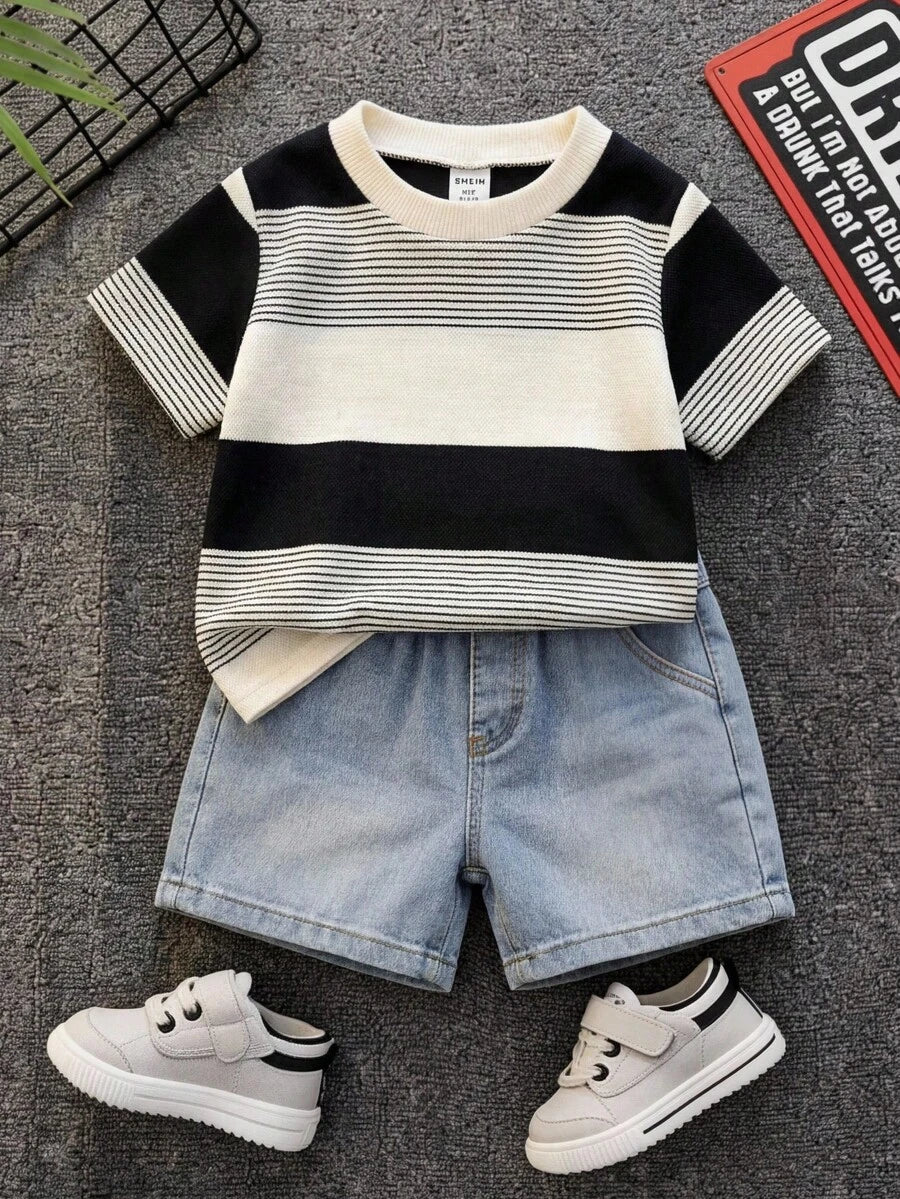 Baby Boy Black and White Striped T Shirt and Denim Shorts 2 Piece Casual Spring Summer Outfit Set