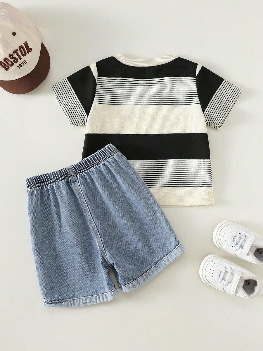 Baby Boy Black and White Striped T Shirt and Denim Shorts 2 Piece Casual Spring Summer Outfit Set