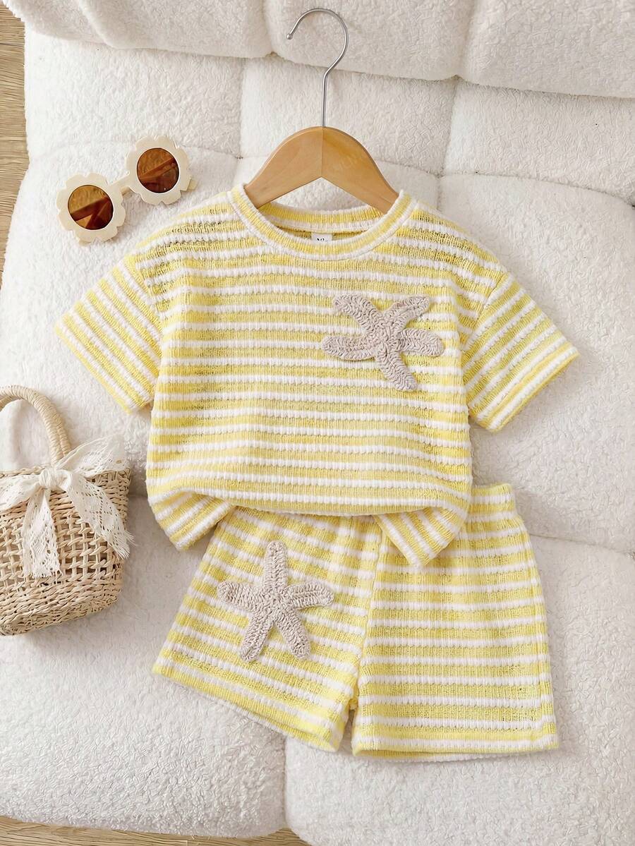 Rainbow Top And Elastic Waist Shorts Set For Toddler Girls Casual Wear