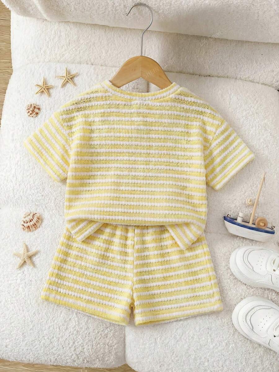 Rainbow Top And Elastic Waist Shorts Set For Toddler Girls Casual Wear