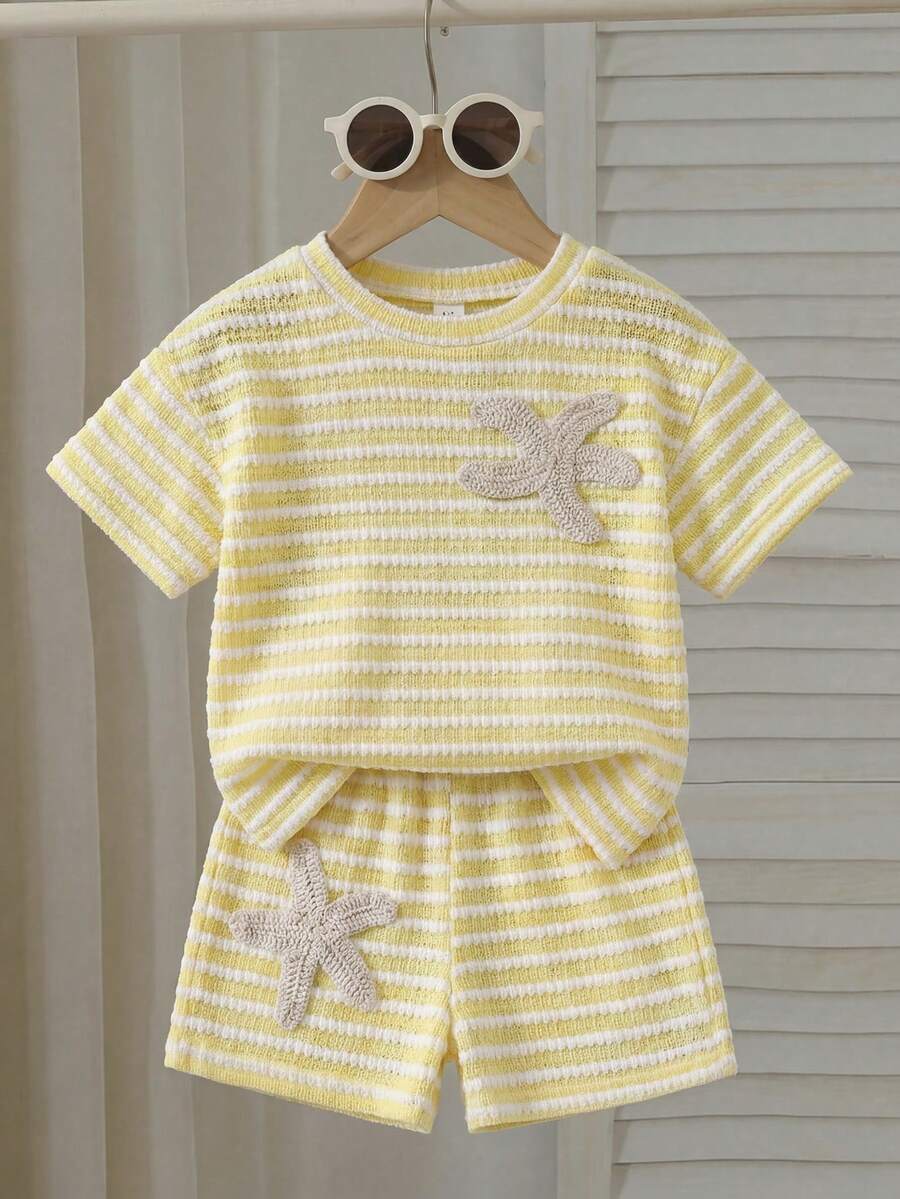 Rainbow Top And Elastic Waist Shorts Set For Toddler Girls Casual Wear