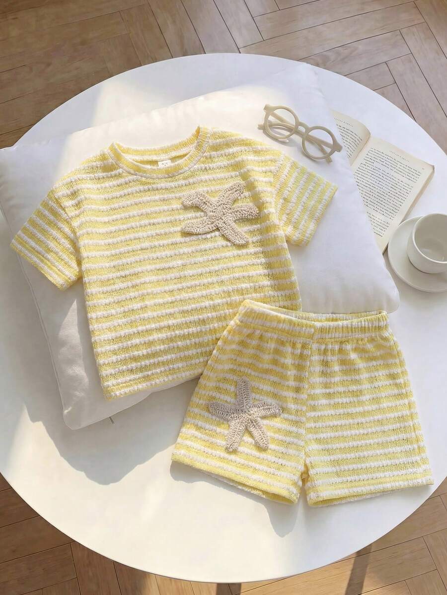 Rainbow Top And Elastic Waist Shorts Set For Toddler Girls Casual Wear