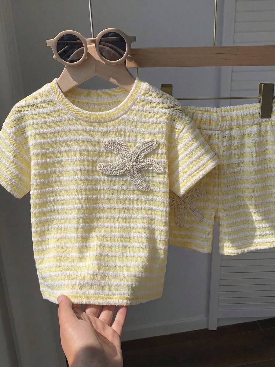 Rainbow Top And Elastic Waist Shorts Set For Toddler Girls Casual Wear