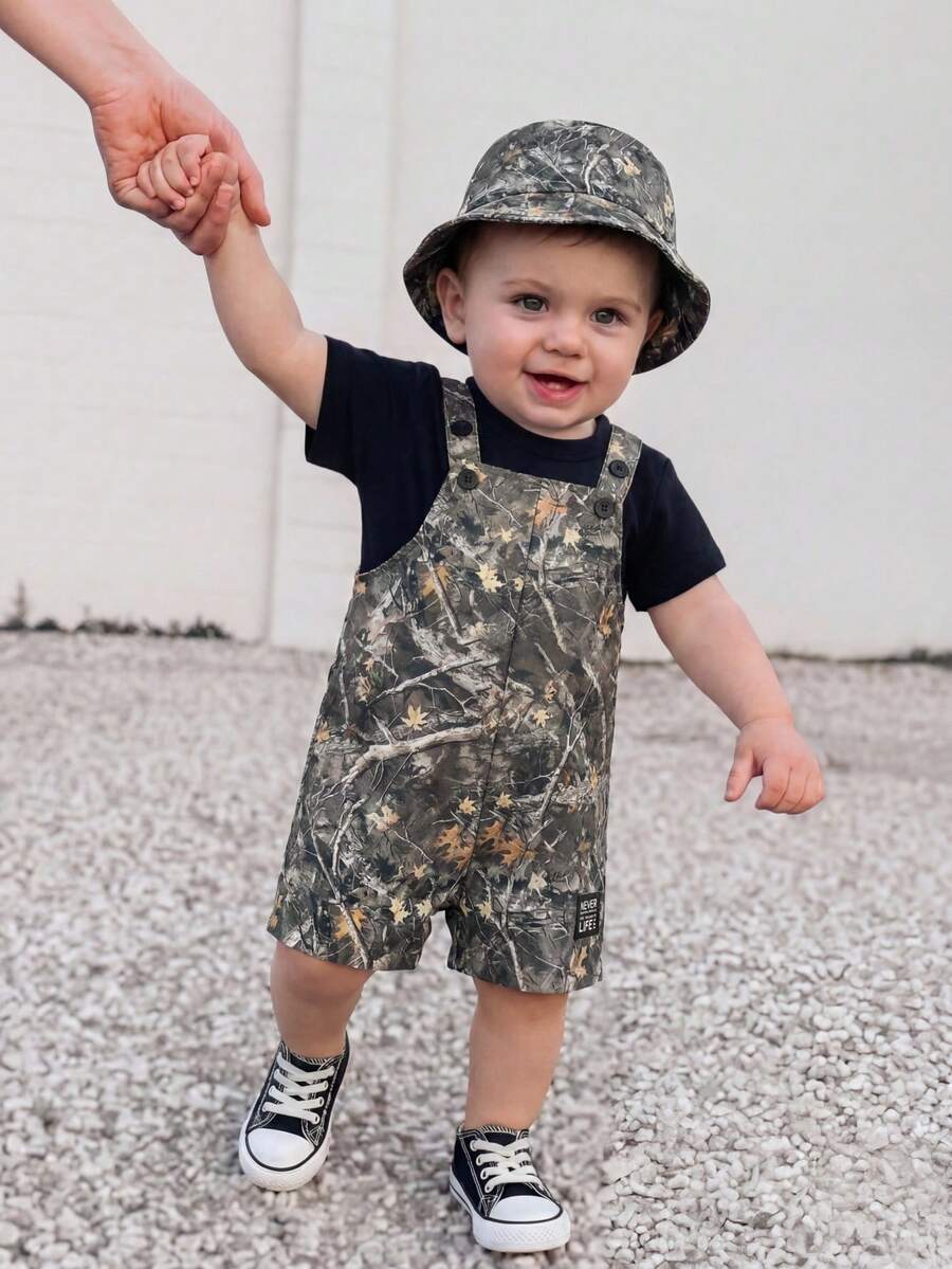 Baby Striped Bib Overalls and Bucket Hat 2 Piece Casual Summer Beach Outfit Set