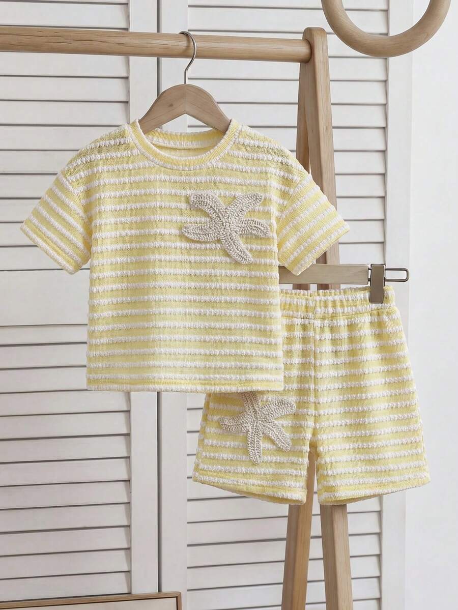 Rainbow Top And Elastic Waist Shorts Set For Toddler Girls Casual Wear