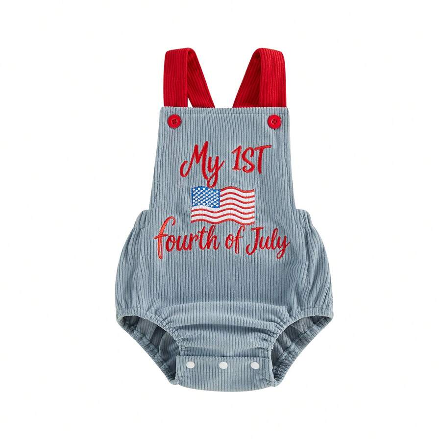 Infant 4th of July Jumpsuit with Flag Embroidery Sleeveless Square Neck Romper