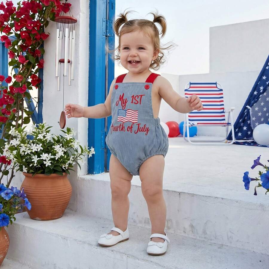 Infant 4th of July Jumpsuit with Flag Embroidery Sleeveless Square Neck Romper
