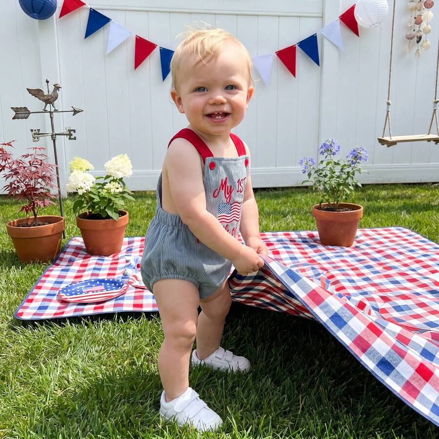 Infant 4th of July Jumpsuit with Flag Embroidery Sleeveless Square Neck Romper