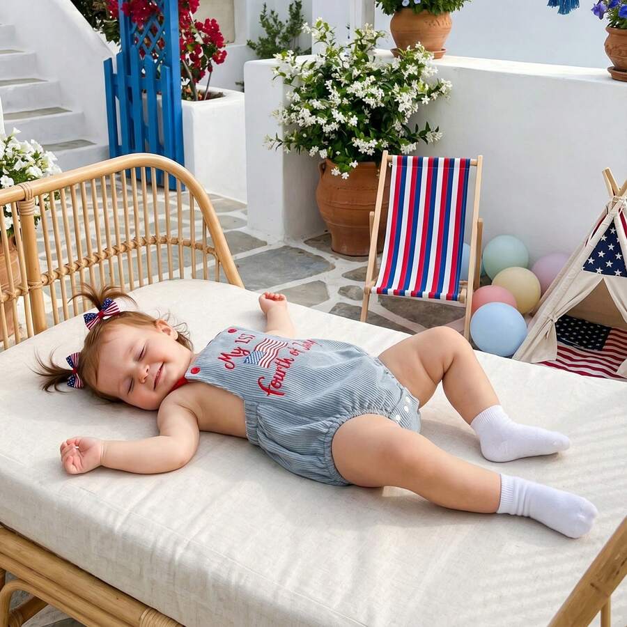 Infant 4th of July Jumpsuit with Flag Embroidery Sleeveless Square Neck Romper
