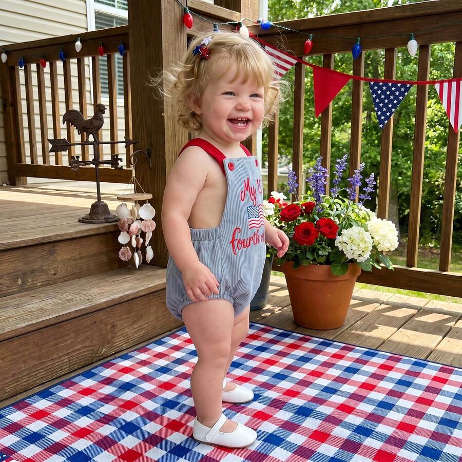 Infant 4th of July Jumpsuit with Flag Embroidery Sleeveless Square Neck Romper