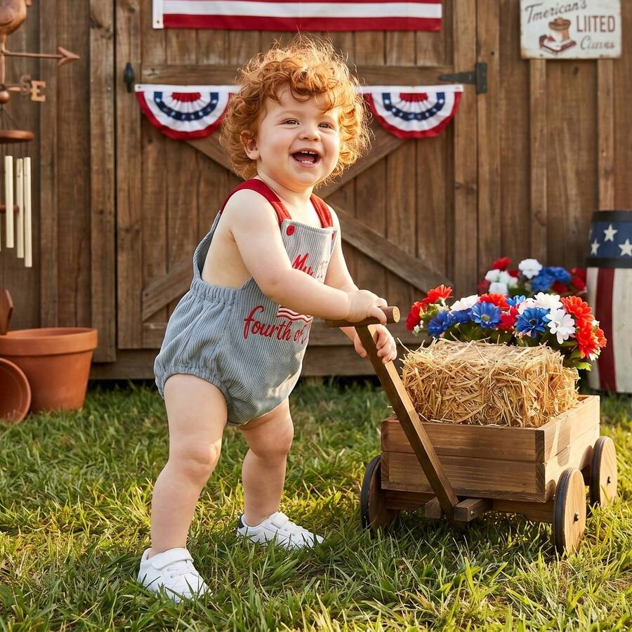 Infant 4th of July Jumpsuit with Flag Embroidery Sleeveless Square Neck Romper