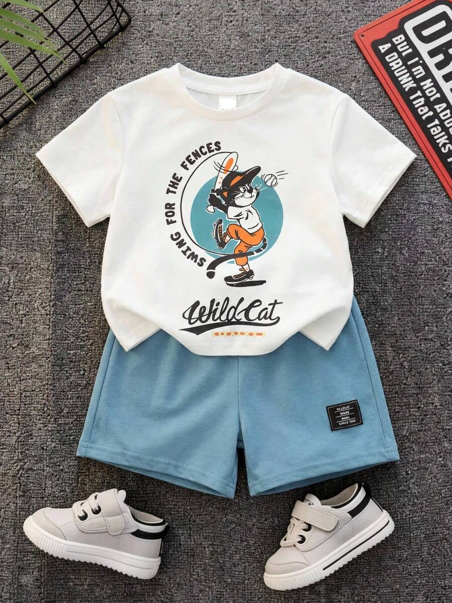 Baby Boy Animal Crayon Print T Shirt and Knitted Shorts 2 Piece Casual Spring Summer Outfit Set