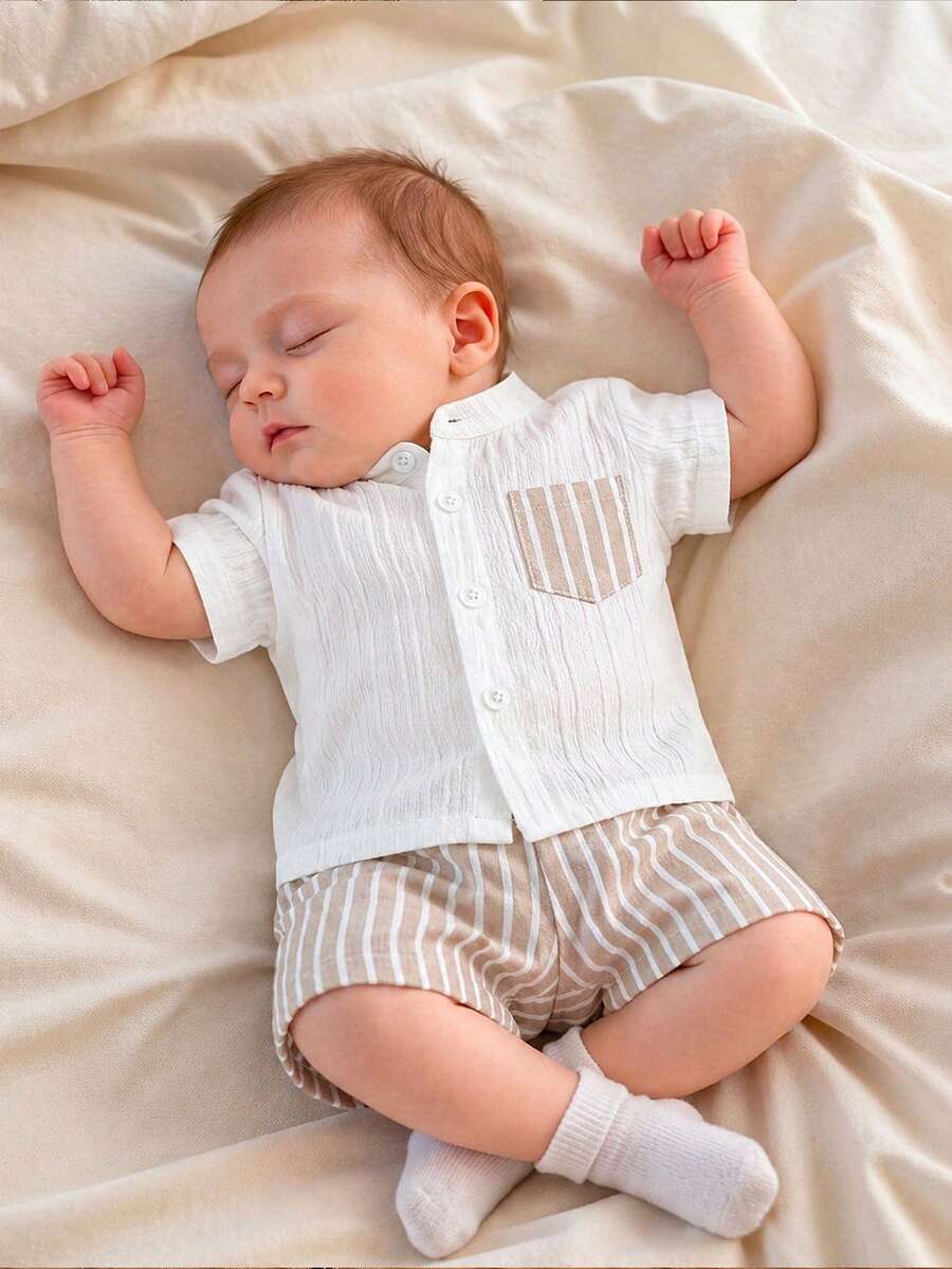 2PCS Baby Boy Gentleman Style Shirt and Shorts Set for Stylish Summer Daily Wear