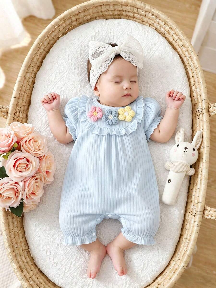 Baby Embroidered Bubble Sleeve Jumpsuit Shorts for Cute Summer Daily Wear