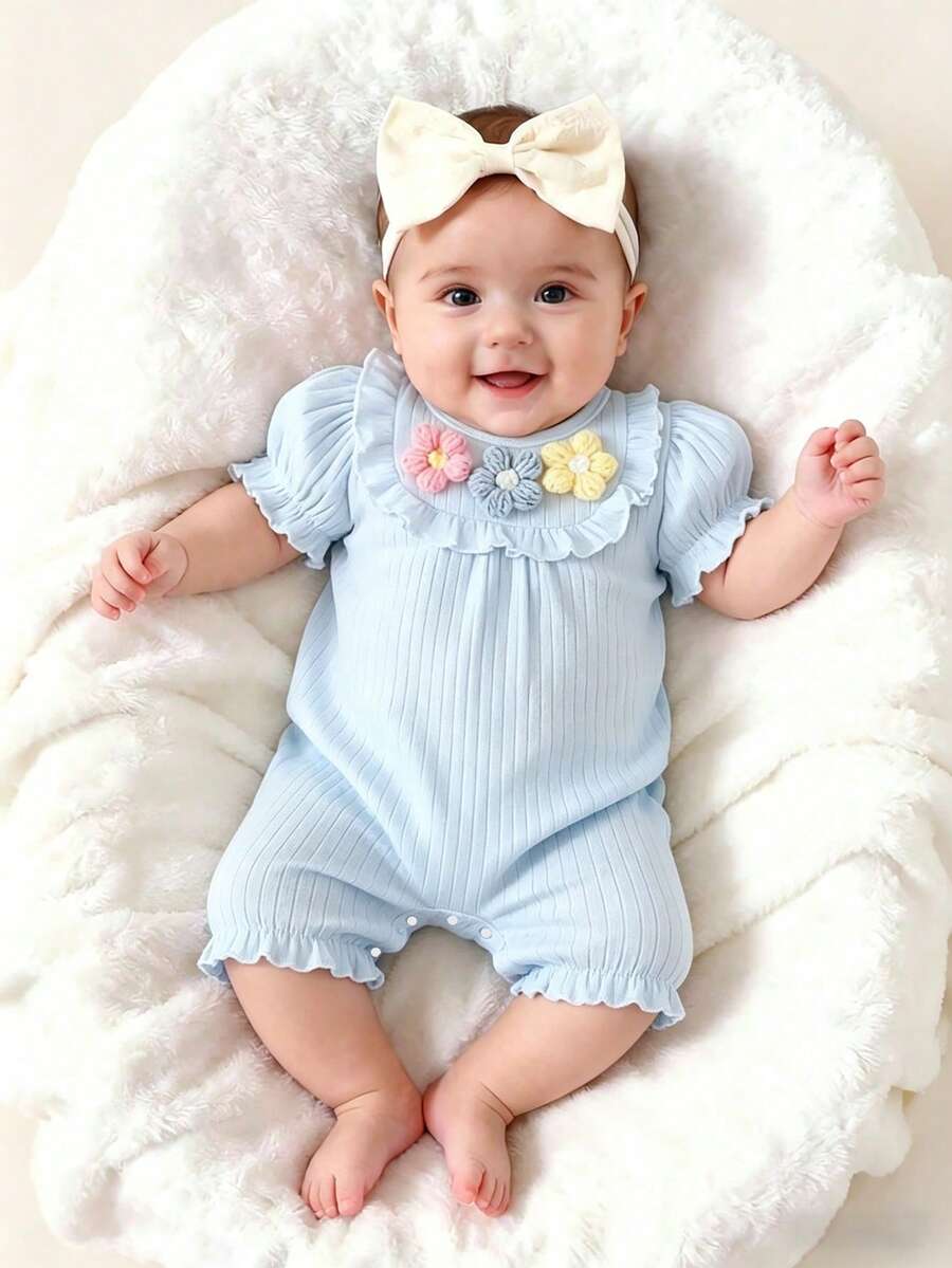 Baby Embroidered Bubble Sleeve Jumpsuit Shorts for Cute Summer Daily Wear