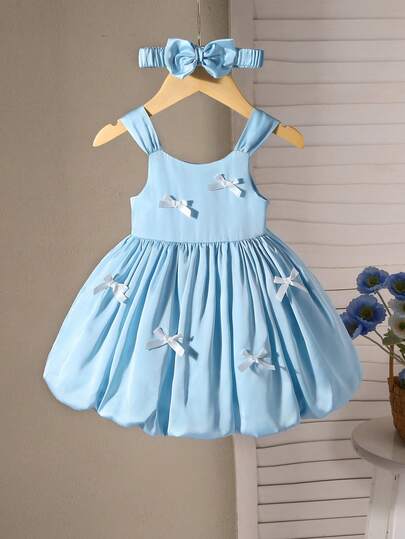 Baby Girl Pink Satin Bow Party Dress - Princess Elegant Style with Headband