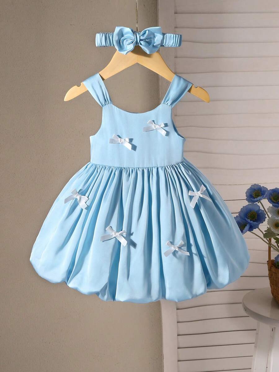 Baby Girl Pink Satin Bow Party Dress - Princess Elegant Style with Headband