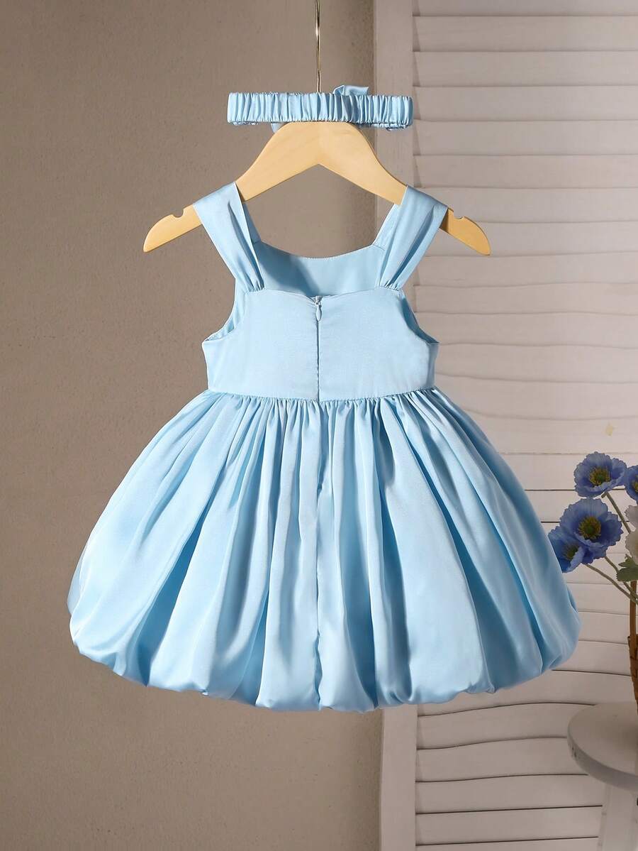 Baby Girl Pink Satin Bow Party Dress - Princess Elegant Style with Headband