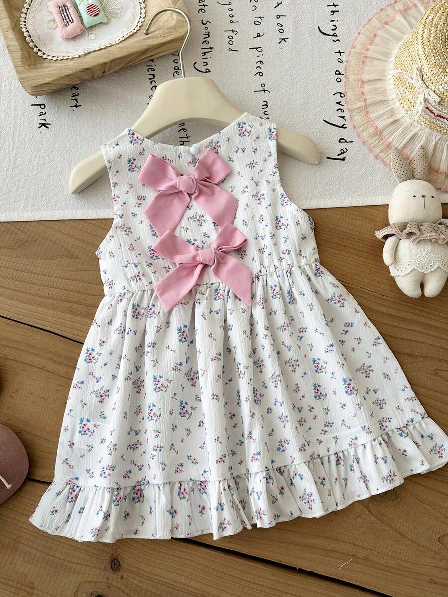 Baby Girl Brown Bowknot Sleeveless Puffy Dress for Casual Fall Outings