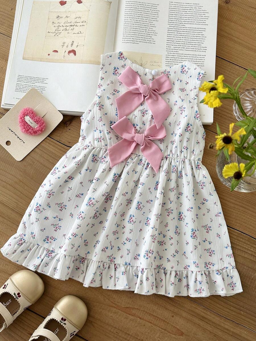 Baby Girl Brown Bowknot Sleeveless Puffy Dress for Casual Fall Outings